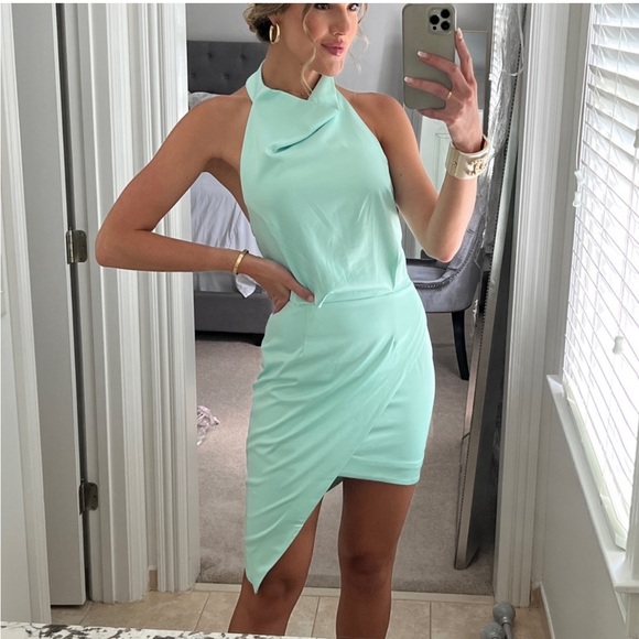 elliatt camo green asymmetrical mock neck satin draped mini dress size XL  NEW - mordernwear.com